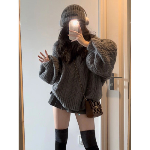 200斤胖MM慵懶風復古V領寬松灰色麻花毛衣女學生秋冬外穿百搭針織