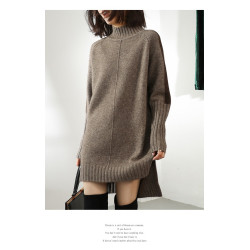 秋冬季新款半高領套頭毛衣女中長款羊絨衫包臀連衣裙開叉寬松加厚