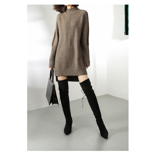 秋冬季新款半高領套頭毛衣女中長款羊絨衫包臀連衣裙開叉寬松加厚