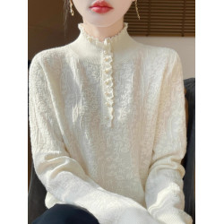 2024秋冬新款洋氣優雅木耳花邊半高領打底衫女寬松加厚針織衫毛衣
