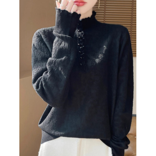 2024秋冬新款洋氣優雅木耳花邊半高領打底衫女寬松加厚針織衫毛衣