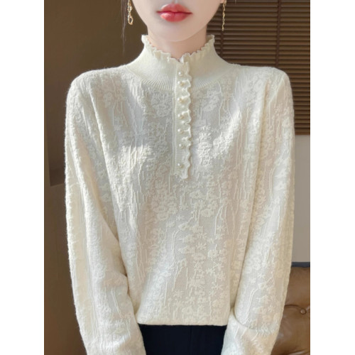 2024秋冬新款洋氣優雅木耳花邊半高領打底衫女寬松加厚針織衫毛衣