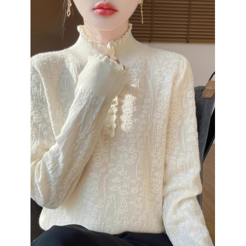 2024秋冬新款洋氣優雅木耳花邊半高領打底衫女寬松加厚針織衫毛衣