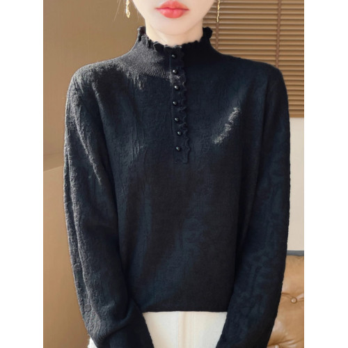 2024秋冬新款洋氣優雅木耳花邊半高領打底衫女寬松加厚針織衫毛衣