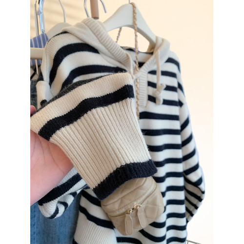 浣熊絨條紋連帽毛衣女秋冬加厚寬松慵懶歐貨高級感外穿秋冬針織衫