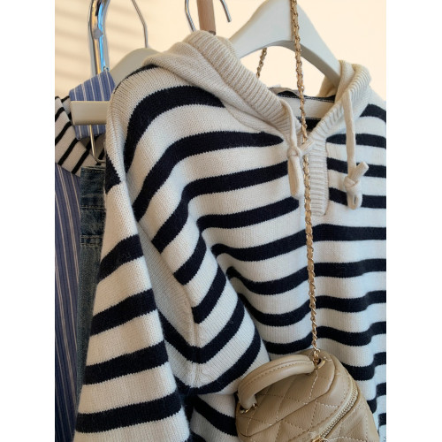 浣熊絨條紋連帽毛衣女秋冬加厚寬松慵懶歐貨高級感外穿秋冬針織衫