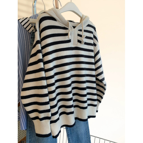 浣熊絨條紋連帽毛衣女秋冬加厚寬松慵懶歐貨高級感外穿秋冬針織衫