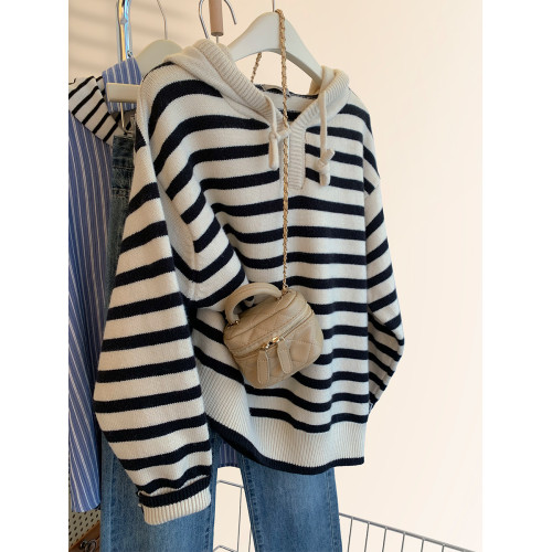 浣熊絨條紋連帽毛衣女秋冬加厚寬松慵懶歐貨高級感外穿秋冬針織衫