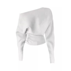 深秋初冬穿搭灰色不規則斜肩毛衣女秋冬季修身露肩收腰針織衫上衣