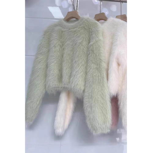 秋冬季穿搭設計感小衆仿水貂毛軟糯短款毛茸茸套頭毛衣女加厚打底