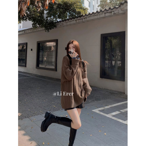 麻花毛衣女秋冬中長款配靴子2025新款寬松外穿慵懶風針織衫上衣厚