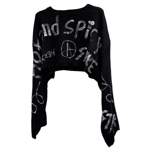 網紅同款2025冬季新款甜酷辣妹手繪字母塗鴉胸針短款針織毛衣毛衫