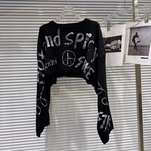 網紅同款2025冬季新款甜酷辣妹手繪字母塗鴉胸針短款針織毛衣毛衫