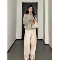 卡其色套頭拉鍊連帽毛衣女款2025新款秋冬季加厚慵懶風針織衫上衣