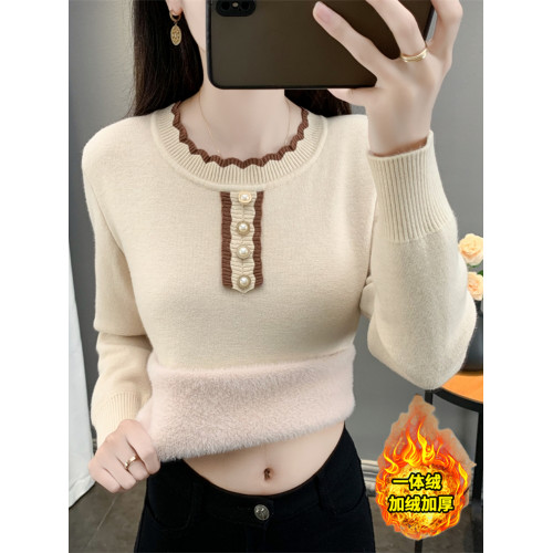 圓領毛衣女加絨加厚一體絨秋冬針織衫修身保暖大碼打底衫內搭上衣