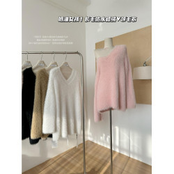 POPW 慵懶白色V領水貂絨毛衣女秋冬新款韓版寬松毛茸茸針織衫