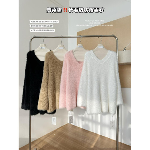 POPW 慵懶白色V領水貂絨毛衣女秋冬新款韓版寬松毛茸茸針織衫