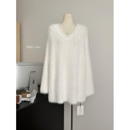 POPW 慵懶白色V領水貂絨毛衣女秋冬新款韓版寬松毛茸茸針織衫