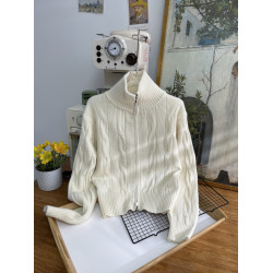 2025秋冬新款韓版純色慵嬾風麻花毛衣女高領拉鍊寬鬆針織開衫外套