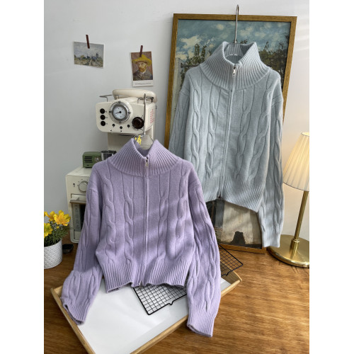 2025秋冬新款韓版純色慵嬾風麻花毛衣女高領拉鍊寬鬆針織開衫外套