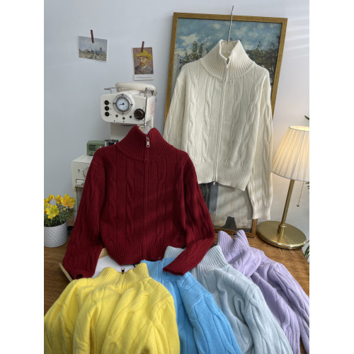 2025秋冬新款韓版純色慵嬾風麻花毛衣女高領拉鍊寬鬆針織開衫外套