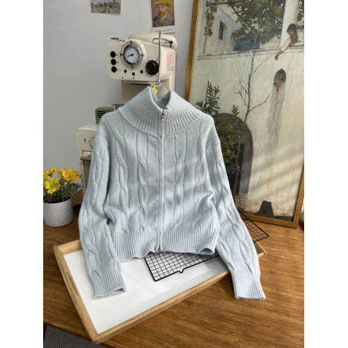 2025秋冬新款韓版純色慵嬾風麻花毛衣女高領拉鍊寬鬆針織開衫外套