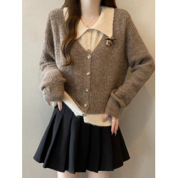 美拉德咖色翻領正肩毛衣外套女2025秋冬新款胖mm假兩件針織開衫