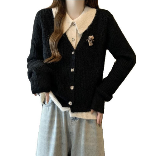 美拉德咖色翻領正肩毛衣外套女2025秋冬新款胖mm假兩件針織開衫