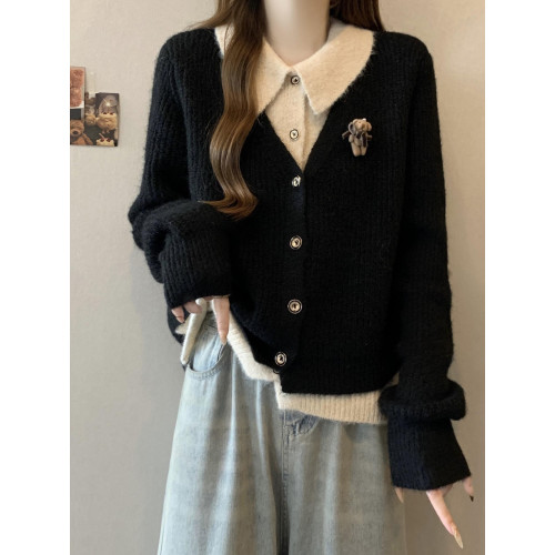 美拉德咖色翻領正肩毛衣外套女2025秋冬新款胖mm假兩件針織開衫