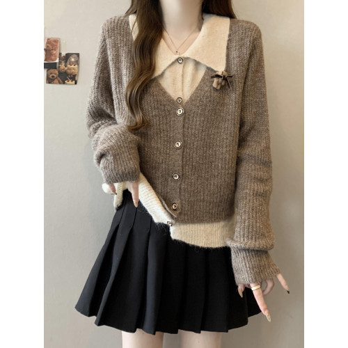 美拉德咖色翻領正肩毛衣外套女2025秋冬新款胖mm假兩件針織開衫