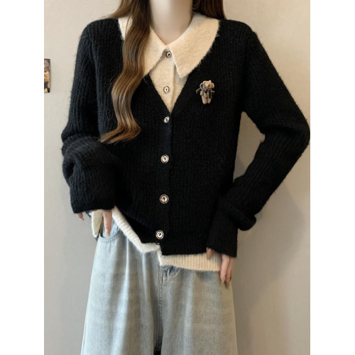 美拉德咖色翻領正肩毛衣外套女2025秋冬新款胖mm假兩件針織開衫