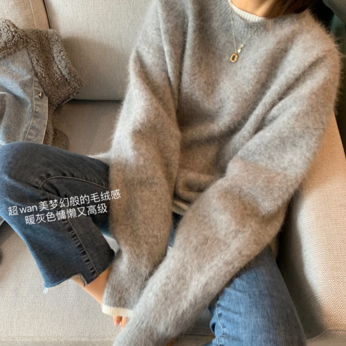 浣熊絨假兩件灰色毛衣女秋冬灰白配色慵嬾風寬鬆針織打底衫上衣厚 浣熊絨假兩件灰色毛衣女秋冬灰白配色慵嬾風寬鬆針織打底衫上衣厚