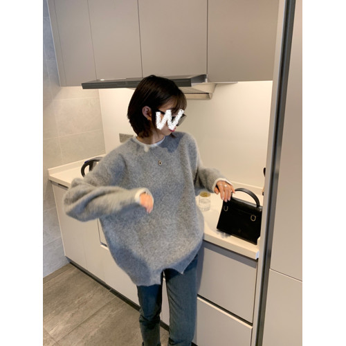浣熊絨假兩件灰色毛衣女秋冬灰白配色慵嬾風寬鬆針織打底衫上衣厚 浣熊絨假兩件灰色毛衣女秋冬灰白配色慵嬾風寬鬆針織打底衫上衣厚