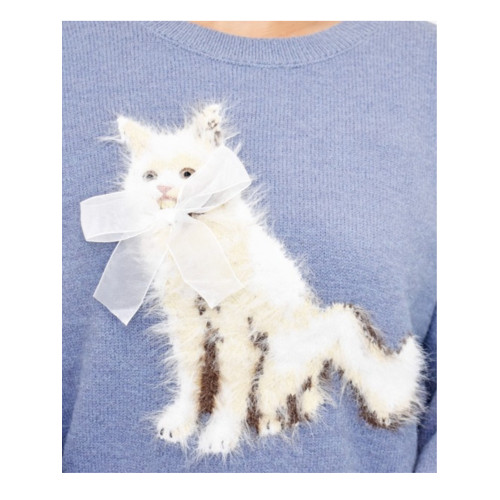 櫻花妹妹日系可愛毛茸茸貓咪甜美圖案立體蝴蝶結長袖針織上衣毛衣