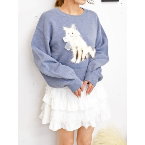 櫻花妹妹日系可愛毛茸茸貓咪甜美圖案立體蝴蝶結長袖針織上衣毛衣