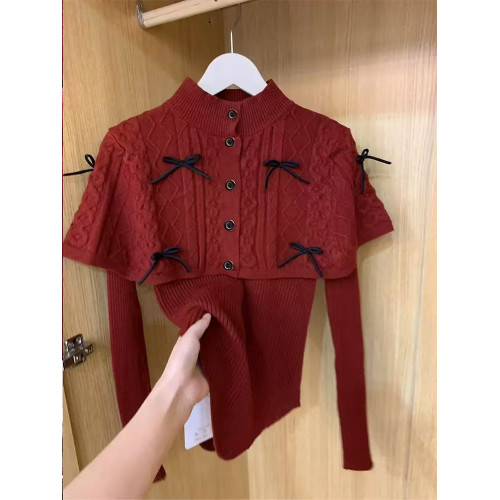 高級感超好看針織衫上衣女秋冬季內搭蝴蝶結披肩鬭蓬毛衣兩件套裝