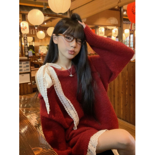 大碼高級感蕾絲長袖紅色毛衣冬新款中長款針織衫胖MM蝴蝶結上衣女
