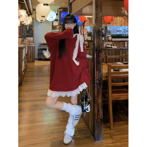 大碼高級感蕾絲長袖紅色毛衣冬新款中長款針織衫胖MM蝴蝶結上衣女