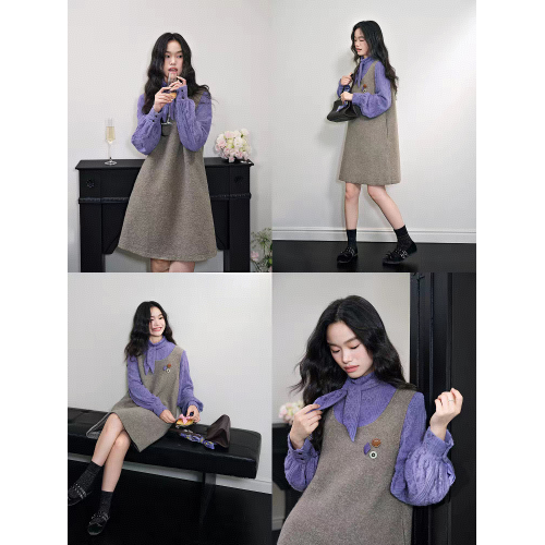 粉色新年氛圍感穿搭背心裙短裙女2026秋冬季新款外塔毛呢連衣裙子