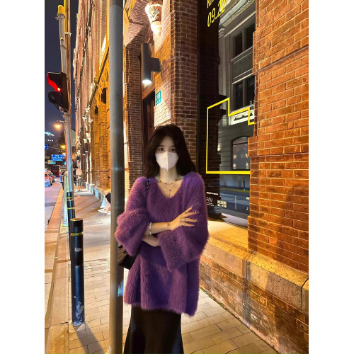 秋冬V領寬鬆慵懶風毛衣加厚仿水貂毛外套女紫色法式洋氣韓版上衣