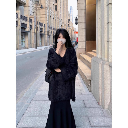 秋冬V領寬鬆慵懶風毛衣加厚仿水貂毛外套女紫色法式洋氣韓版上衣