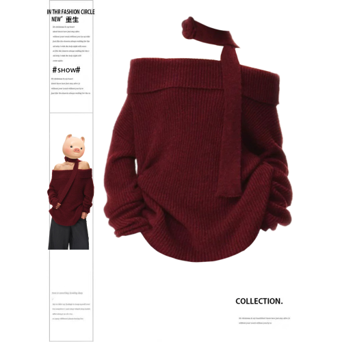 重生微胖MM純欲風一字肩針織毛衣女秋冬季新款慵懶風紅色新年上衣