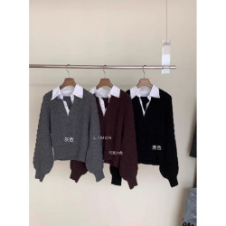 慵嬾風灰色假兩件POLO領毛衣女春秋韓系設計感寬鬆顯瘦針織衫上衣