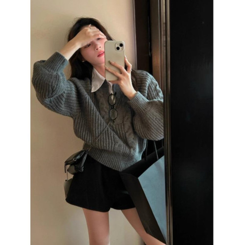 慵嬾風灰色假兩件POLO領毛衣女春秋韓系設計感寬鬆顯瘦針織衫上衣