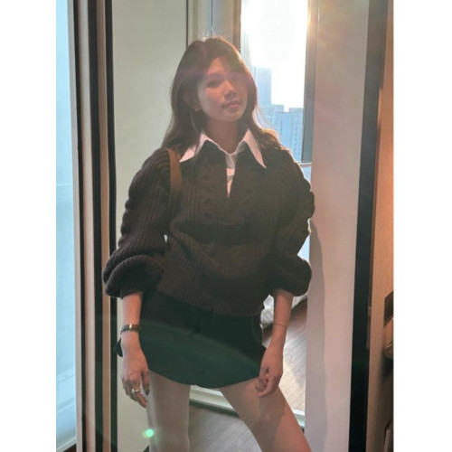 慵嬾風灰色假兩件POLO領毛衣女春秋韓系設計感寬鬆顯瘦針織衫上衣