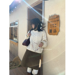 零度蘇打 秋冬ins同款八奶家休閒麻花長袖針織衫寬鬆套頭毛衣女