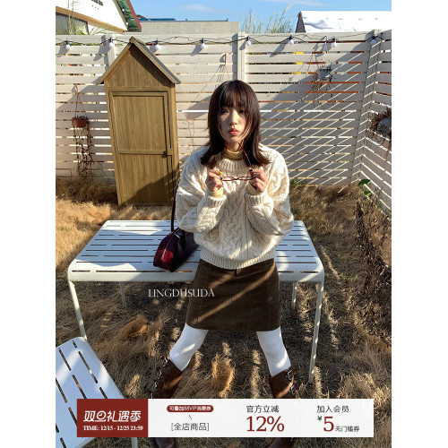 零度蘇打 秋冬ins同款八奶家休閒麻花長袖針織衫寬鬆套頭毛衣女