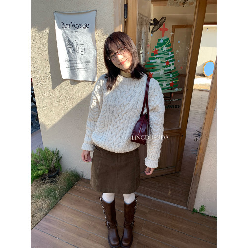 零度蘇打 秋冬ins同款八奶家休閒麻花長袖針織衫寬鬆套頭毛衣女