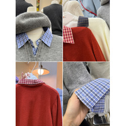 秋冬新款韓版寬松假兩件拼接格子翻領設計通勤休閒百搭套頭女毛衣