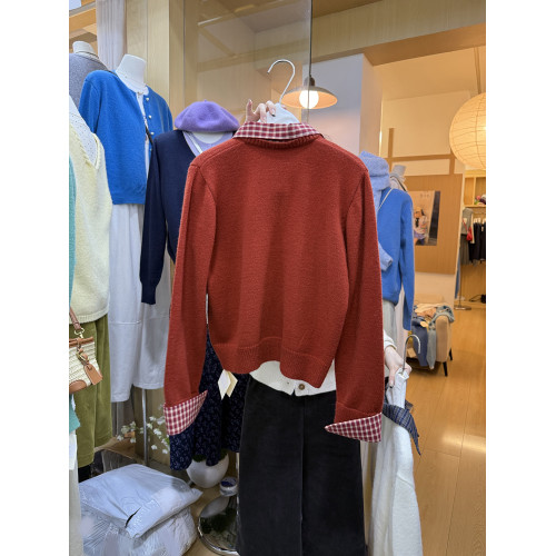 秋冬新款韓版寬松假兩件拼接格子翻領設計通勤休閒百搭套頭女毛衣